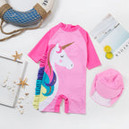 Girls Unicorn Print Rash Guard Swimsuit with Cap