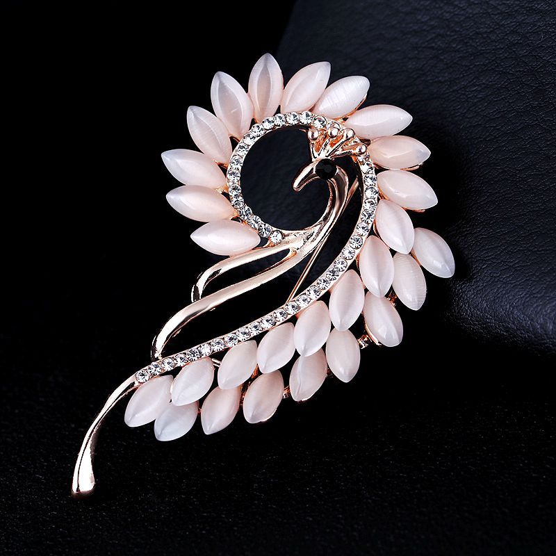 Cat Eye Stone Peacock Brooch with Rhinestones