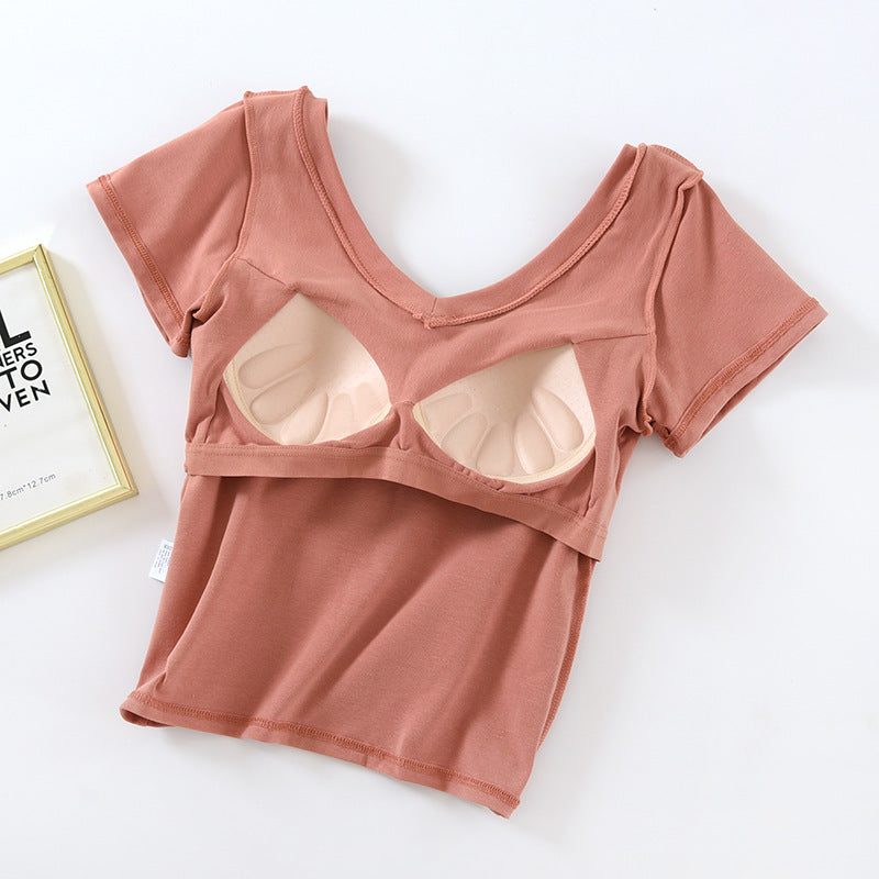 Crop Top with Built-in Bra and V-Neck Design for Women
