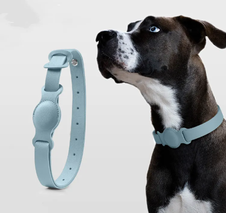 Adjustable Pet Collar with Tracker Holder Case, PU Leather Cat and Dog Collar with Protective Cover for Round Item Trackers