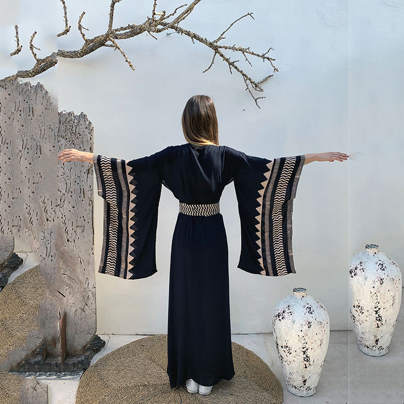 Botanical Print Long Kimono Beach Cover-Up