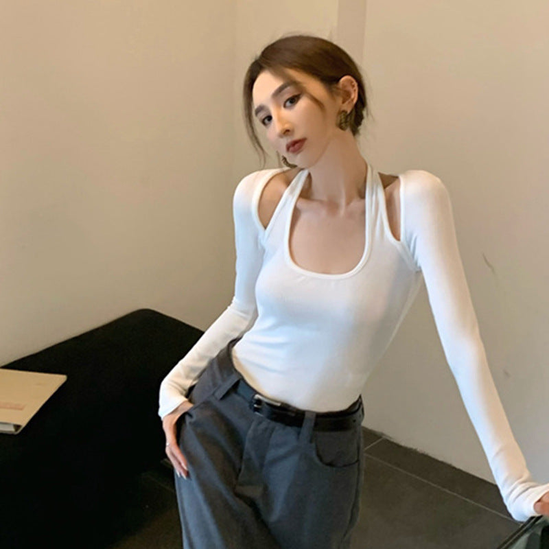 Women's White Square Collar Long-Sleeve Halter Top