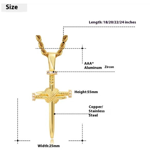 Gold Nail Cross Pendant Necklace with Zircon