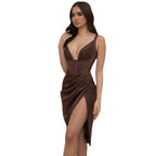Corset V-Neck Satin Mini Dress with High Slit