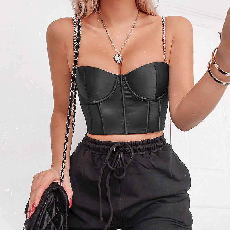 Fashionable Chain Strap Solid Color Crop Tank Top