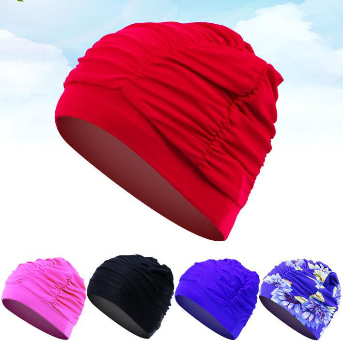 Pleated Fabric Long-Hair Swim Cap
