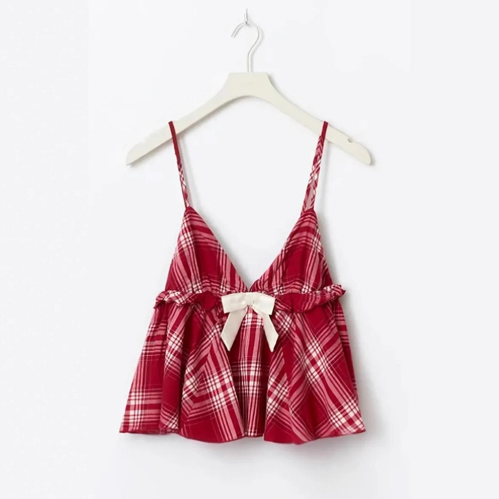 Plaid Bow Tie Camisole Set for Women