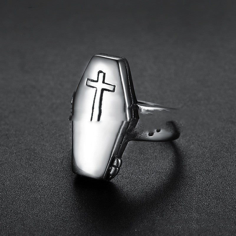 Stainless Steel Retro Zombie Coffin Cross Ring