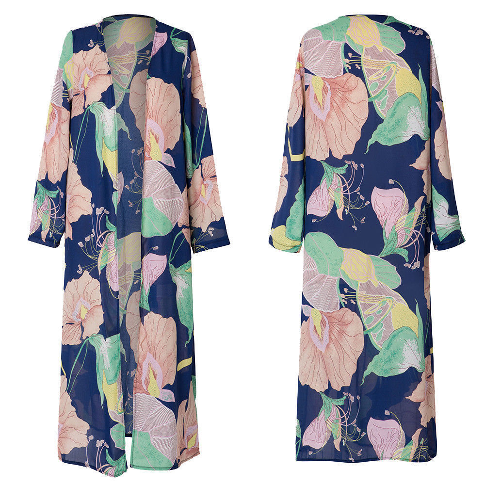 Printed Chiffon Cardigan, Long Beach Cover-Up