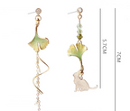 Ginkgo Leaf and Cat Drop Earrings