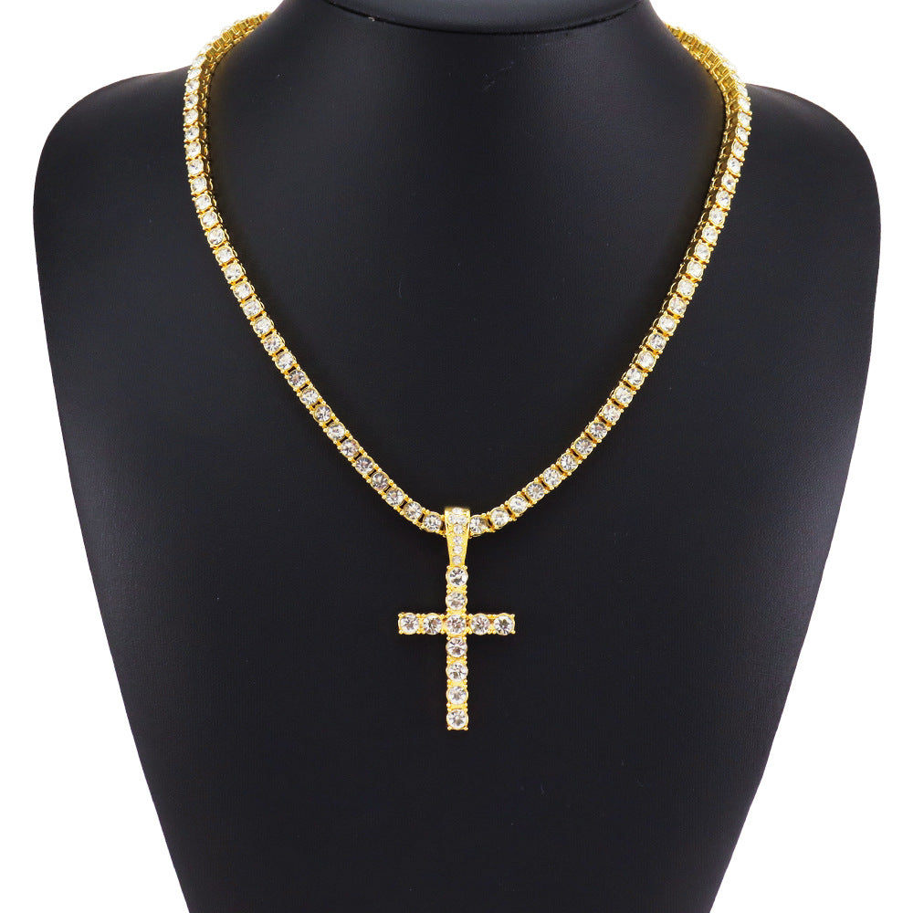 Hip Hop Rhinestone Cross Pendant Necklace