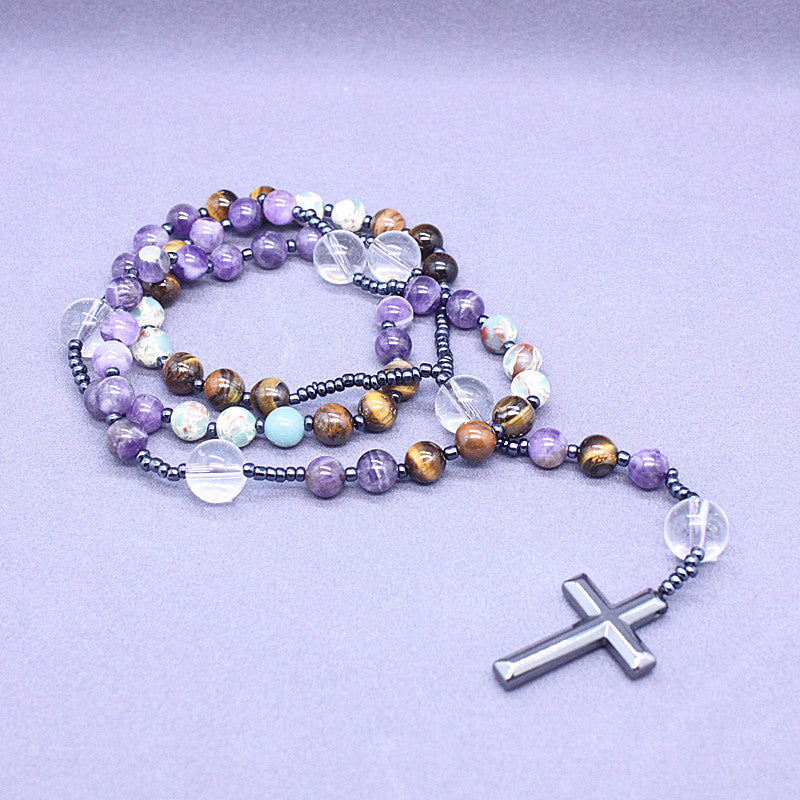 Amethyst and Tiger Eye Stone Rosary Necklace | Christian Jewelry