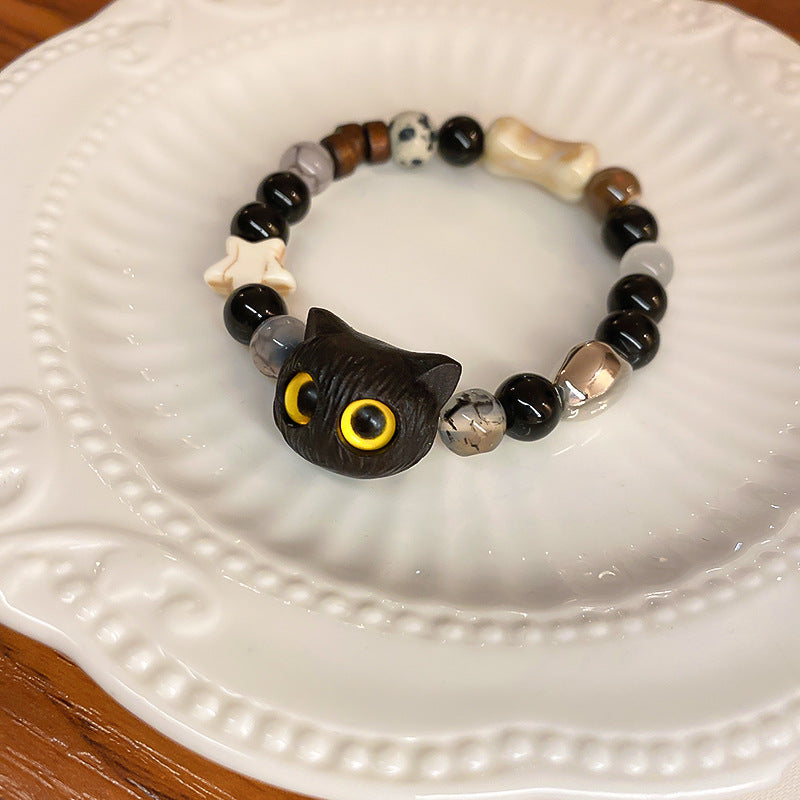 Cartoon Black Cat Stone Beaded Bracelet