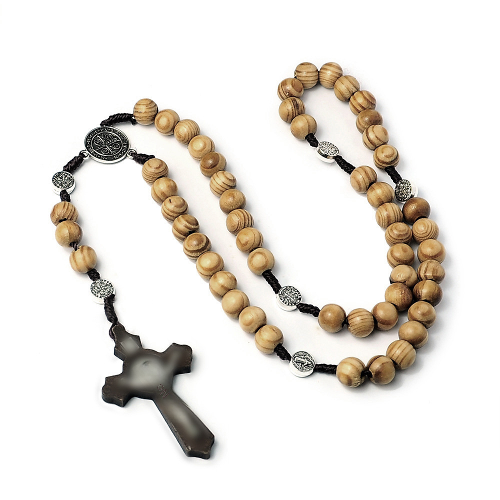 Wood Bead Cross Rosary Necklace | Christian Jewelry