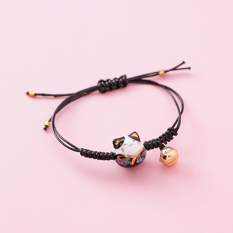 Handcrafted Ceramic Lucky Cat Bracelet with Bell