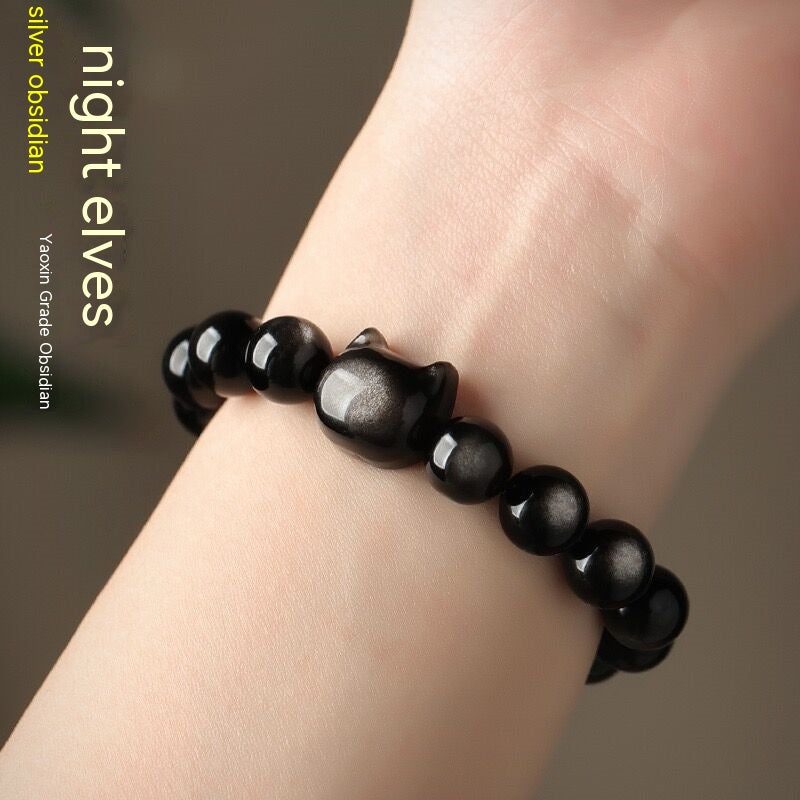 Obsidian Bead Bracelet with Cat Charm