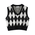 Vintage Plaid V Neck Sweater Tank Top for Women