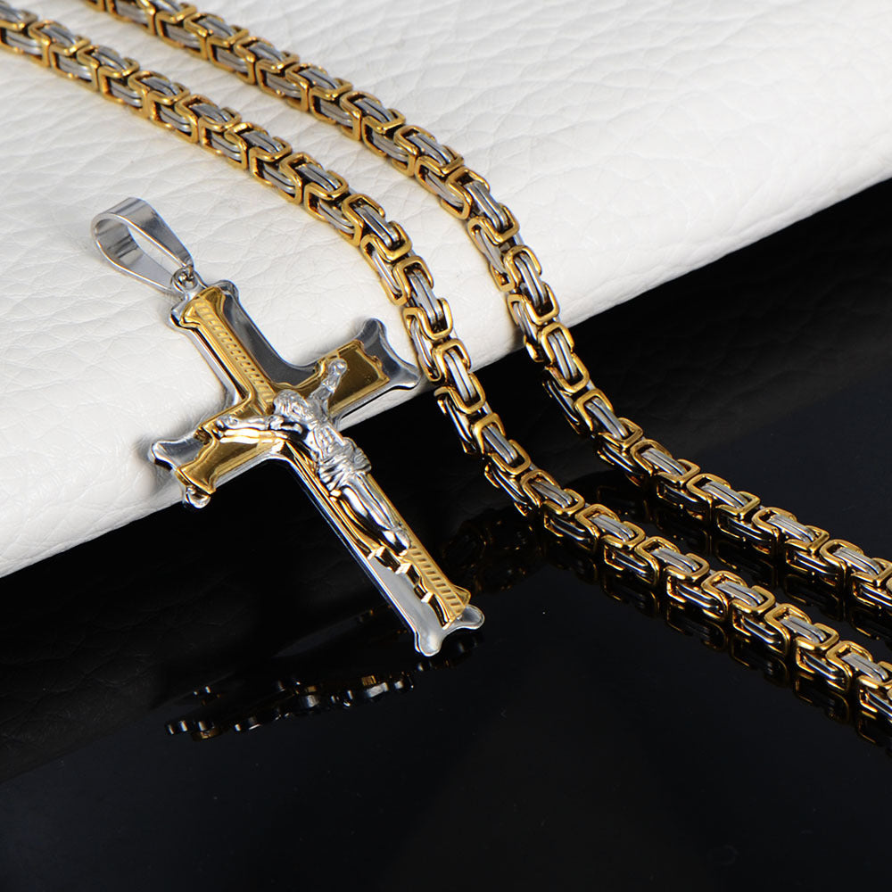 Jesus Christ Crucifix Cross Pendant Byzantine Chain Necklace