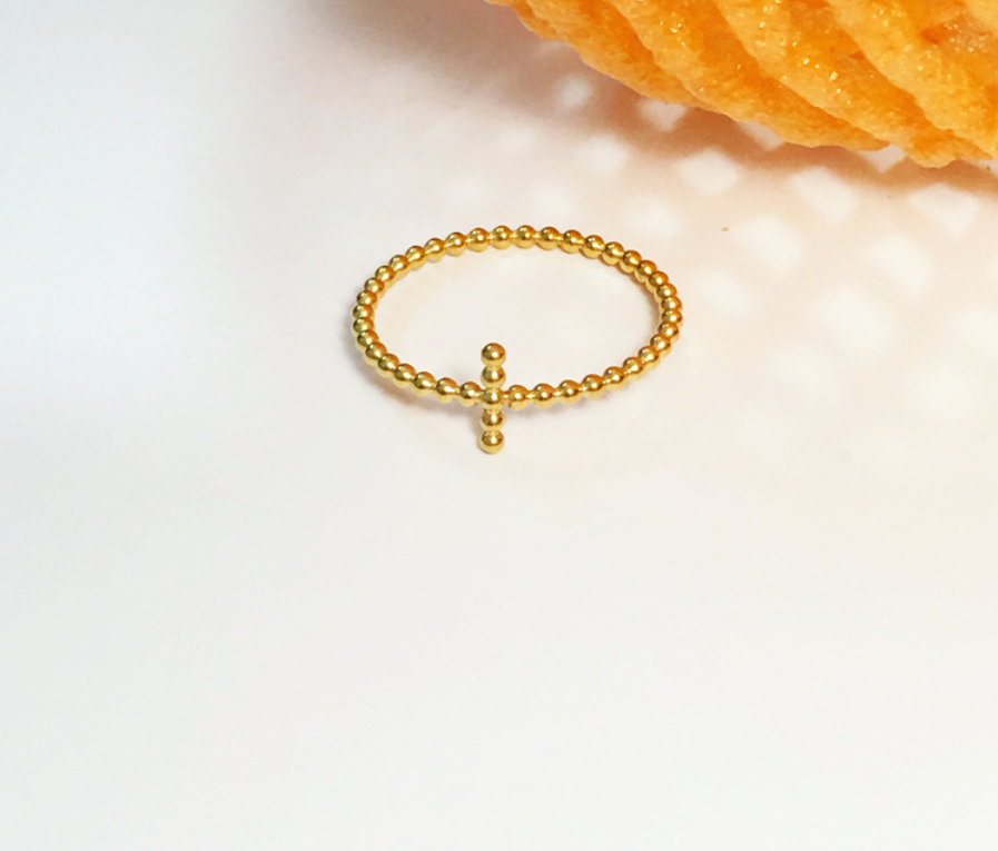 Dainty Beaded Cross Ring - 18K Gold Plated