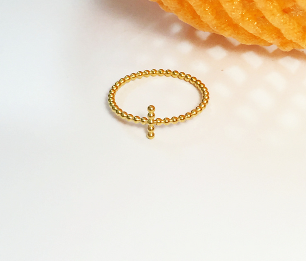 Dainty Beaded Cross Ring - 18K Gold Plated