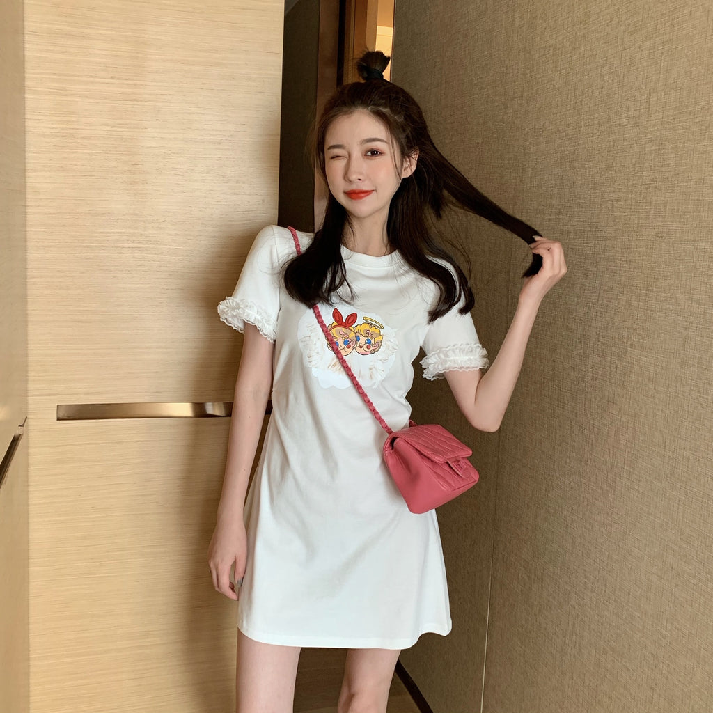 2020 Summer Cute Cartoon Print Lace Trim Dress
