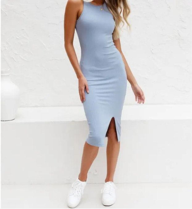Solid Color Sleeveless Knit Split Long Dress – Women's Summer Casual Vest Dress