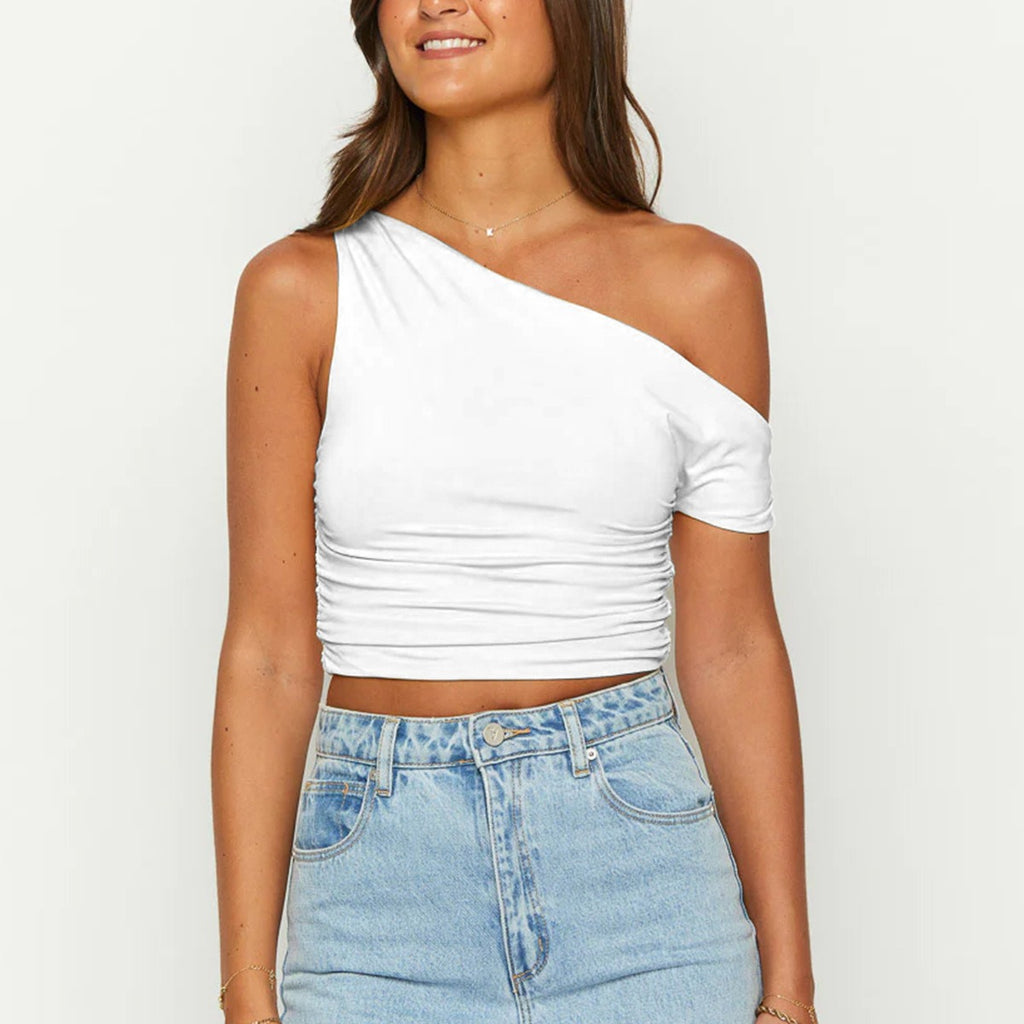 Slim One-Shoulder Oblique Collar Crop Top