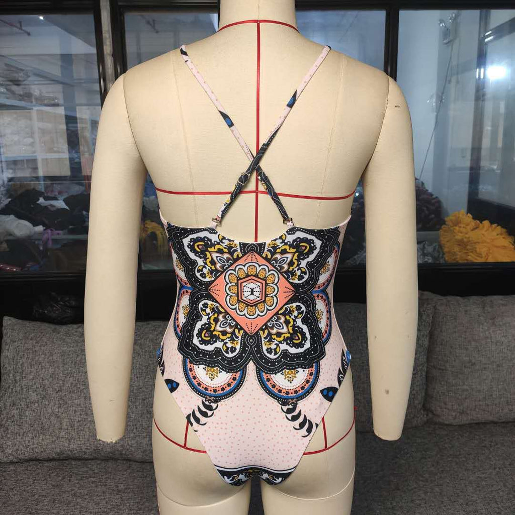 Boho Mandala Print Lace-Up Plunge One-Piece Swimsuit