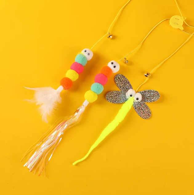 Hanging Cat Teaser Toy Self-Play Feather Bug Wand with Suction Cup Bell & Ribbon Elastic String Kitten Toy