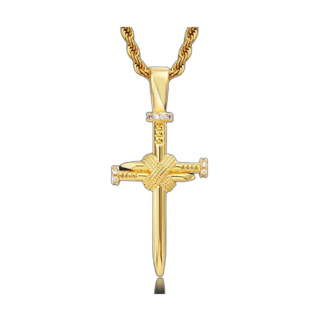 Gold Nail Cross Pendant Necklace with Zircon